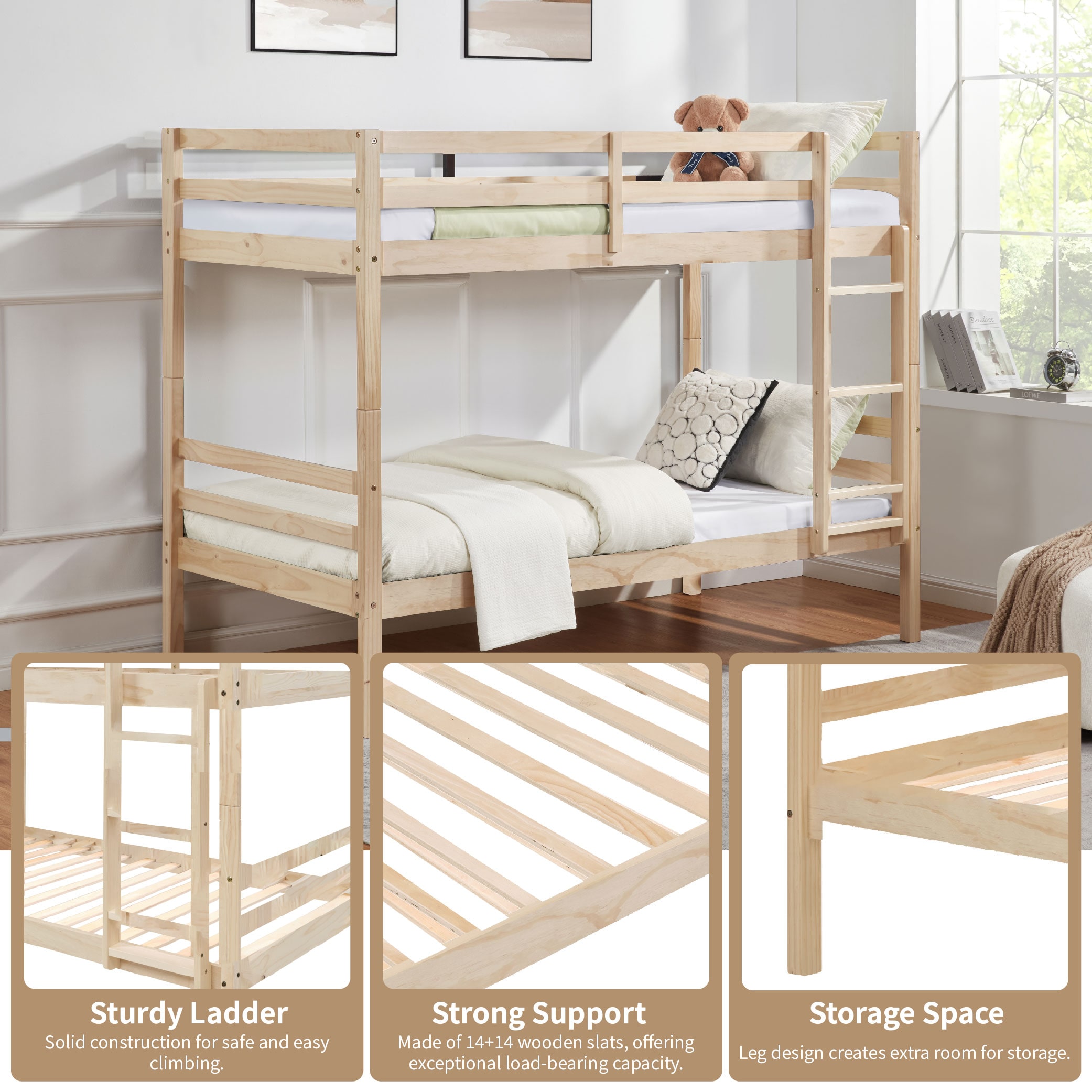 Twin over Twin Bunk Bed with Ladder,Wooden Bunk Bed with High Guardrail and Ladder for Kids, Teens, Dorm Rooms, and Guest Rooms,No Box Spring Needed,White Twin over Twin Bunk Bed with Ladder,Wooden Bunk Bed with High Guardrail and Ladder for Kids, Teens, Dorm Rooms, and Guest Rooms,No Box Spring Needed,White